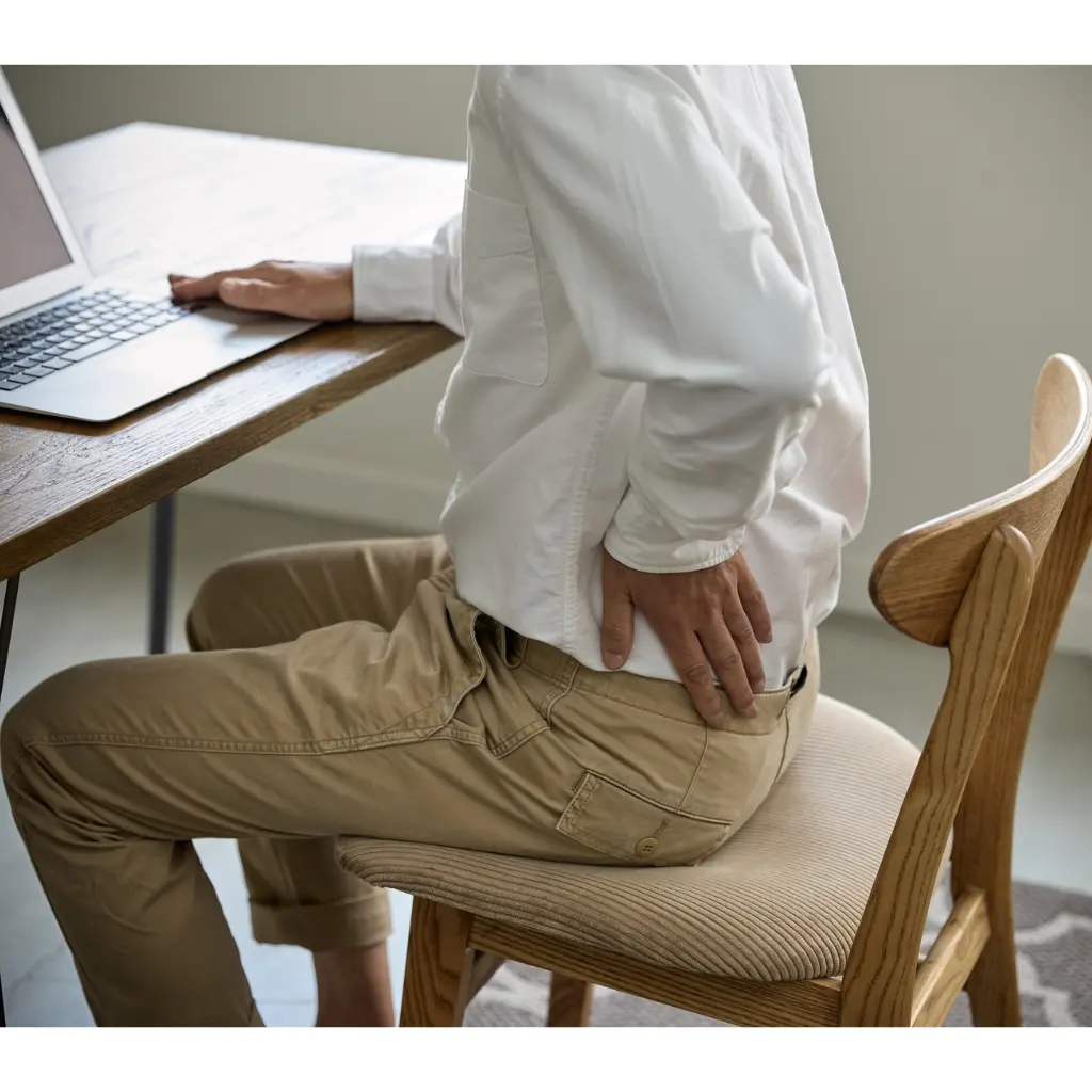 長時間のデスクワークで腰に手を当てて痛みを感じている人の写真（座り姿勢での負担のイメージ）