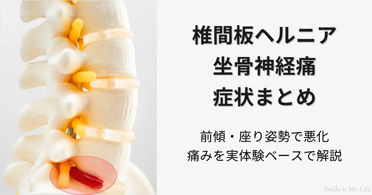 腰椎椎間板ヘルニアと坐骨神経痛の症状をまとめた記事のアイキャッチ画像（圧迫部位の図とタイトル入り）
